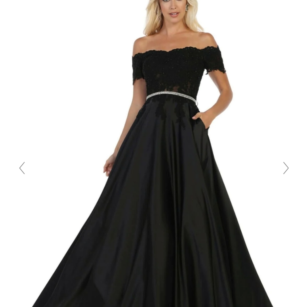 Formal gown. Lace off the shoulder bodice, a line,satin bottom